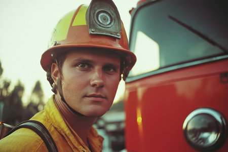 A firefighter stands proudly in front of a red fire truck, illuminated by the warm light of the setting sun. His determined expression reflects dedication and service.の素材