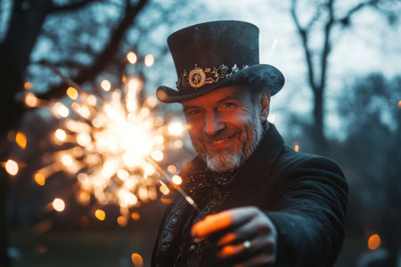 A man in a top hat and tuxedo smiles while holding a sparkler, enjoying a lively atmosphere filled with glowing lights and cheerful people during a nighttime celebration.の素材