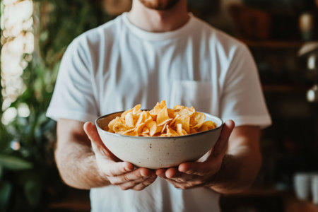 A vendor proudly holds a large bowl filled with crispy snacks in a lively market. The busy atmosphere features colorful stalls and smiling customers enjoying the day.の素材