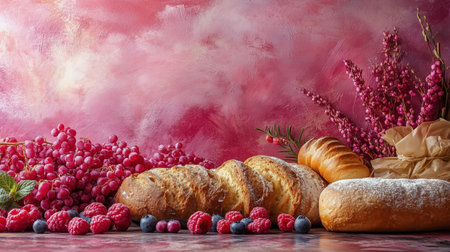 Different types of bread, including a crusty loaf and a sweet roll, are displayed fresh alongside berries and flowers against a pink textured backdrop.の素材