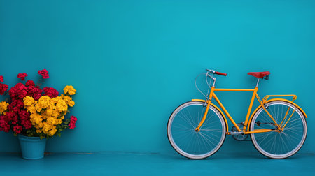 A bright yellow bicycle leans against a turquoise wall, accompanied by a pot of vibrant flowers in red and yellow. The setting exudes a cheerful and lively atmosphere.の素材