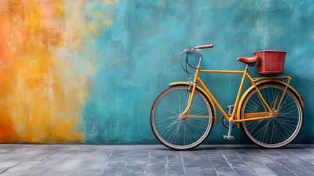A yellow vintage bicycle with a small basket stands against a vibrant, multi-colored wall in an urban environment during daylight, showcasing artistic urban decor.の素材