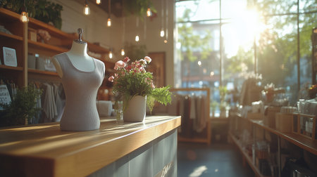 Sunlight pours into a boutique showcasing a mannequin dressed in a stylish top. Fresh flowers in a vase add a touch of elegance to the warm atmosphere, inviting customers inside.の素材