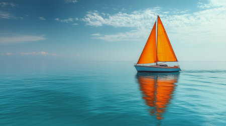 A sailboat with a vibrant orange sail navigates across tranquil waters, reflecting the bright blue sky. Gentle waves create a serene atmosphere on this beautiful day.の素材