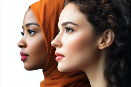 Two women of different backgrounds pose side by side, highlighting their unique features and cultural attire in a bright and calm environment.の素材