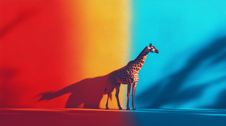 Tall giraffe poses elegantly in front of a striking blue and red backdrop, creating a vivid contrast that highlights its natural beauty. Shadows add depth to the composition.の素材