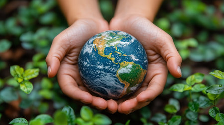 Two hands cradle a globe depicting the Earth, surrounded by vibrant green plants. This moment highlights environmental awareness and the importance of nurturing the planet's resources.の素材