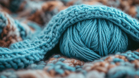 A soft teal yarn ball is nestled on a textured knitted blanket with warm earthy tones. Natural lighting highlights the yarn's texture, creating a cozy atmosphere for crafting.の素材