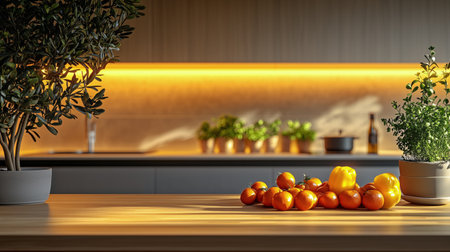 A kitchen countertop is adorned with vibrant vegetables and fruits. Soft evening light casts warm tones, highlighting the freshness and inviting atmosphere of the culinary space.の素材