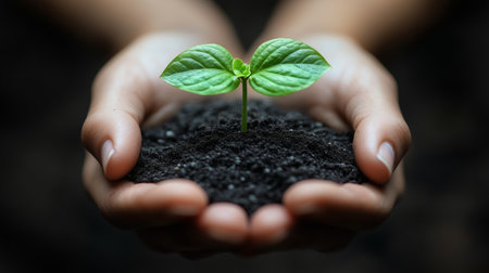 Hands cradle a small green sprout emerging from dark soil. This moment captures the essence of care for nature and the beginning of new life in a nurturing environment.の素材