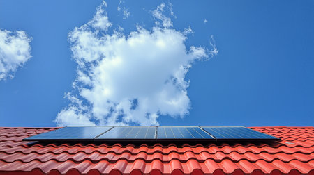 Solar panels are mounted on a red tiled roof, absorbing sunlight under a clear blue sky with fluffy white clouds. This setup highlights renewable energy usage in homes.の素材