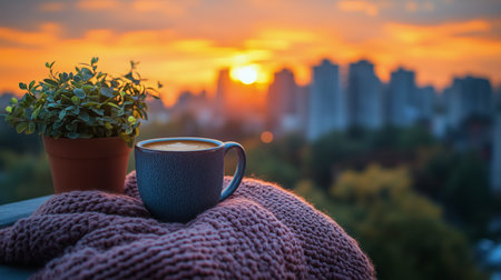 A cozy setting features a mug of coffee placed on a knitted blanket, alongside a small potted plant. The background showcases a vibrant sunset over a city skyline.の素材