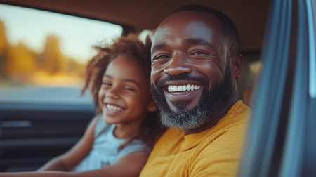 A joyful father and daughter share a moment of laughter while sitting in a car during a sunny afternoon. Their smiles radiate happiness and connection.の素材