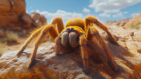 A bright orange tarantula is perched on a rock in a rocky desert area. The sun shines down, highlighting its furry body and the surrounding arid environment.の素材