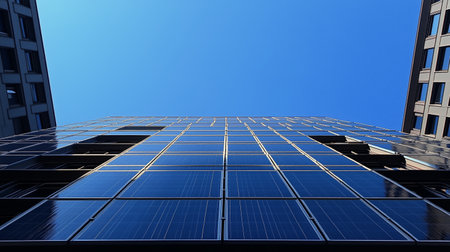 Looking upward at a contemporary building featuring solar panels, showcasing a vibrant blue sky above in an urban environment. The structure highlights sustainable design elements.の素材