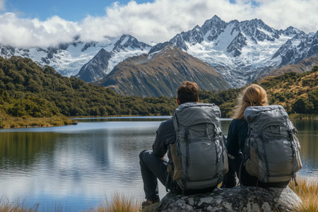 Two hikers sit on a rock by a serene lake, soaking in the stunning snow-capped mountains and lush greenery under a partly cloudy sky during their outdoor adventure.の素材