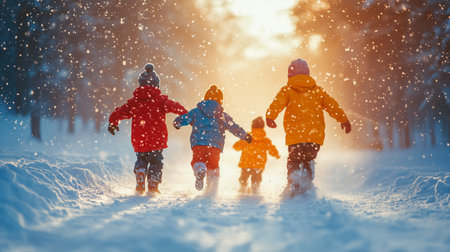 Four children in colorful winter coats run happily through a snow-covered forest as soft flakes fall around them. The warm glow of sunset enhances the cheerful atmosphere.の素材