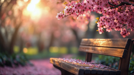 A wooden bench is adorned with cherry blossom petals, nestled among vibrant pink flowers in a tranquil park during the warm glow of spring's evening light.の素材