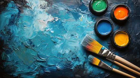 Bright paints in containers and brushes rest beside a textured, colorful surface. The setup invites creativity and artistic expression, perfect for painting enthusiasts.の素材