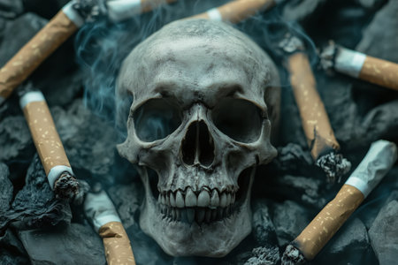 A human skull lies at the center, encircled by scattered cigarettes against a dark background, creating a striking contrast that highlights themes of mortality and addiction.の素材