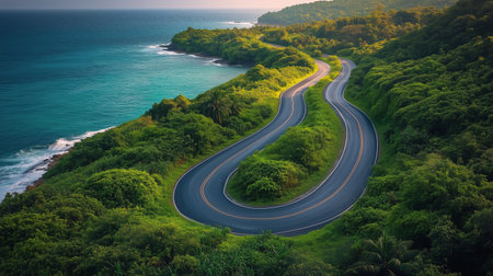 A winding coastal road stretches along lush green hills that descend to the sparkling blue ocean. The warm glow of the setting sun enhances the natural beauty of the landscape.の素材