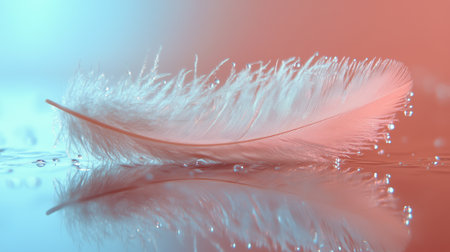 A delicate feather drifts on the surface of still water, surrounded by vibrant pink and blue hues. Tiny droplets create a serene atmosphere in this tranquil moment.の素材