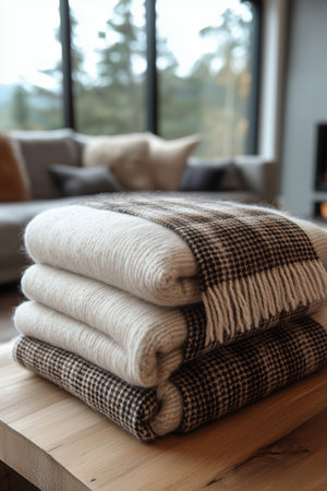 Three soft blankets are neatly folded on a rustic wooden table. A comfortable sofa and natural light create a warm atmosphere in the stylish living room.の素材