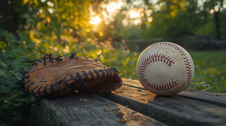 A baseball glove rests on an old wooden bench beside a well-worn ball as the sun sets over a lush green park, casting warm light through the trees.の素材