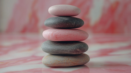 Five smooth pebbles of varying colors are neatly stacked on a flat surface. The background features a pink marbled pattern, creating a peaceful and calming atmosphere for relaxation.の素材