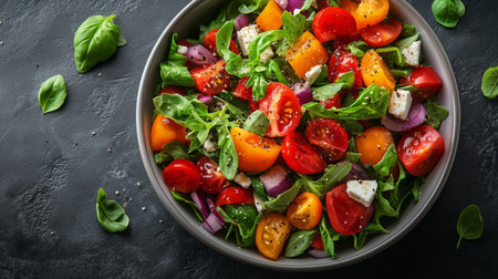 A vibrant salad featuring assorted cherry tomatoes, fresh greens, red onion, and herbs in a bowl, perfect for a healthy meal or side dish at any time.の素材