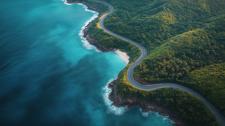 A winding road hugs the coastline, offering breathtaking views of the turquoise ocean and vibrant green hills. The tranquil beach is visible along the curves of the landscape.の素材