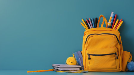 A bright yellow backpack sits against a vibrant blue background, filled with colorful school supplies. Nearby, notebooks and decorative items are neatly arranged, ready for school.の素材