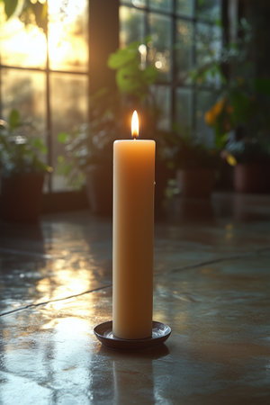 A tall, lit candle stands on a table, casting a warm glow in a room filled with plants as the sun sets outside, creating a cozy and serene atmosphere.の素材