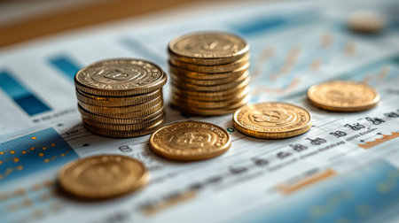 Stacks of coins are arranged alongside printed financial charts, displaying various market trends and data analysis with colorful graphs.の素材