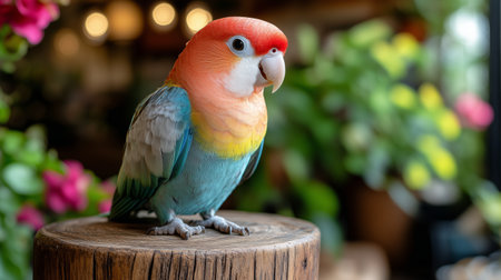 A vibrant parrot with red, blue, and yellow feathers stands on a wooden stump. The background features lush green plants and blooming flowers, creating a cheerful atmosphere.の素材