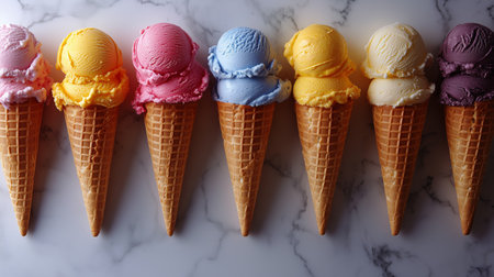 Eight ice cream cones filled with various flavors sit neatly on a marble countertop, showing vibrant colors against a bright background, perfect for a warm summer day.の素材
