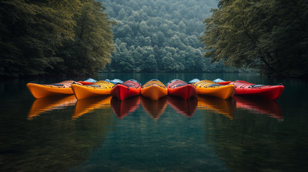 Eight vibrant kayaks rest parallel in tranquil water, reflecting their colors on the surface. Lush green trees rise in the background under a soft morning light.の素材