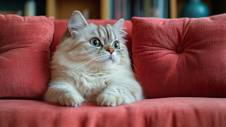 A fluffy cat with striking blue eyes lies comfortably on a pink couch, enjoying a calm afternoon in a warm living room filled with books and decor.の素材