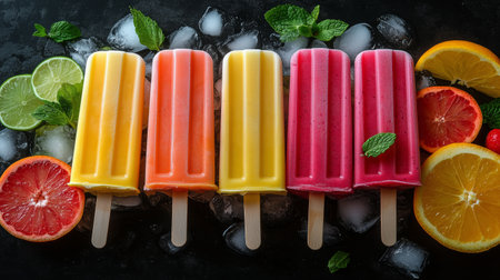 Vibrant popsicles in shades of yellow, orange, and pink sit on a bed of ice, surrounded by slices of lime, grapefruit, and orange, with fresh mint leaves for garnish.の素材