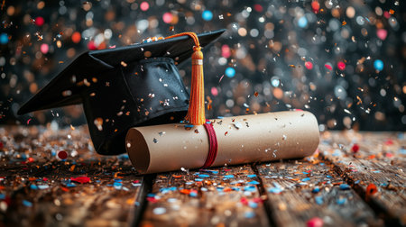 A black graduation cap rests next to a rolled diploma tied with a ribbon on a rustic wooden table. Colorful confetti is scattered, celebrating the graduation moment.の素材