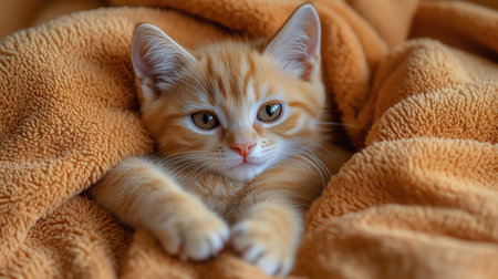 An orange kitten with bright eyes relaxes in a soft, fluffy blanket. The warm tones create a peaceful atmosphere as the sun shines softly, highlighting the kitten's fur.の素材