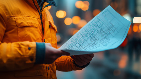 A person in a yellow jacket studies an architectural blueprint while walking along a rainy urban street. The glow from streetlights creates a warm atmosphere at dusk.の素材
