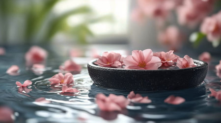 Delicate pink cherry blossoms rest on a dark stone bowl in calm water. The setting is serene, with soft focus on lush greenery and gentle ripples enhancing the peaceful atmosphere.の素材