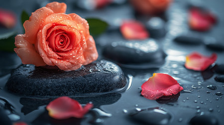 A pink rose rests delicately on polished stones, surrounded by scattered petals and glistening water droplets, creating a tranquil ambiance in a natural setting.の素材
