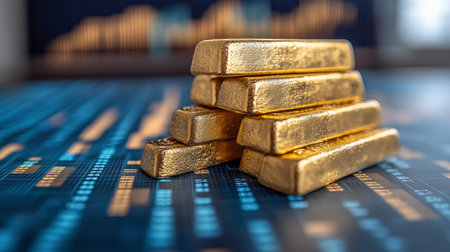 Gold bars are arranged in a stack on a trading platform with digital graphs in the background illustrating market trends and fluctuations in value.の素材