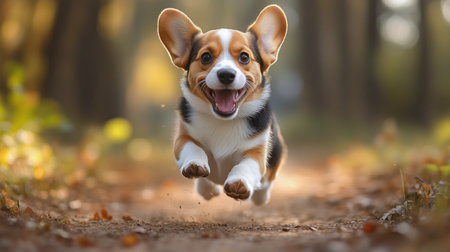 A playful corgi with a big smile is happily running along a forest path surrounded by colorful autumn leaves in a sunny setting.の素材