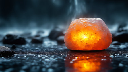 A glowing salt rock emits warm light amid a tranquil water surface. Mist surrounds the area, creating a serene atmosphere during the twilight hours.の素材