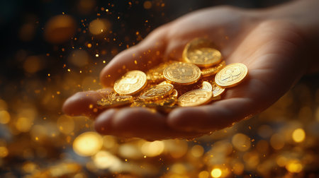 A hand gently holds a collection of shiny gold coins that shimmer in light, creating a mesmerizing effect with golden sparks surrounding the coins, creating a rich and vibrant atmosphere.の素材