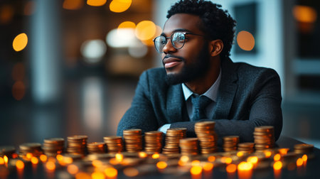 A young man in a suit thoughtfully gazes at stacks of coins in a contemporary office. The warm lighting creates an inspiring atmosphere for financial contemplation.の素材