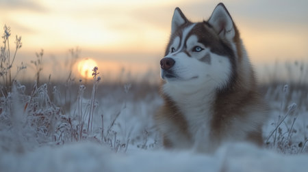 A Siberian husky sits calmly in a snowy field, watching the sun set on the horizon. The soft glow of twilight enhances the serene winter atmosphere.の素材